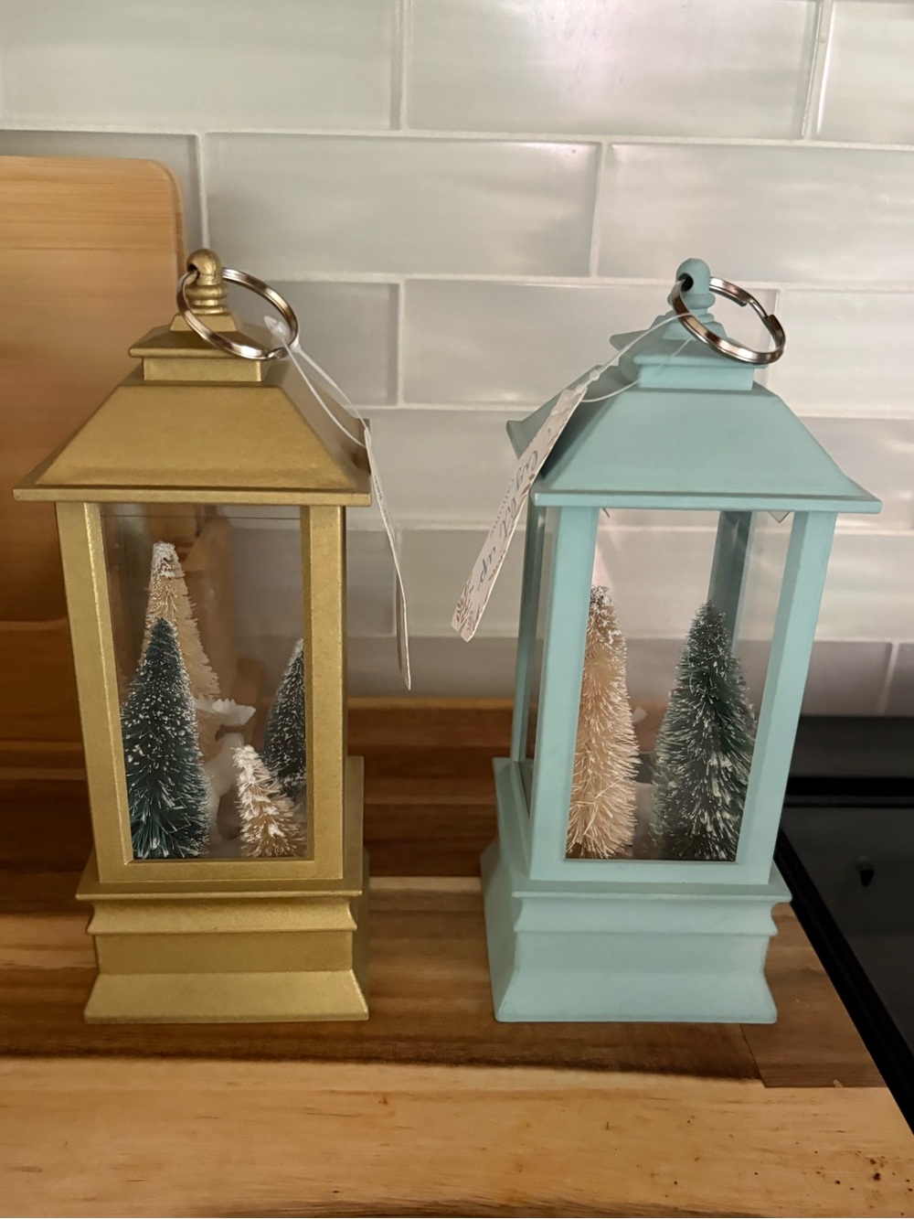2 Giftcraft Light Up Christmas MINI Lantern Set Blue Gold Deer Trees Decor NEW